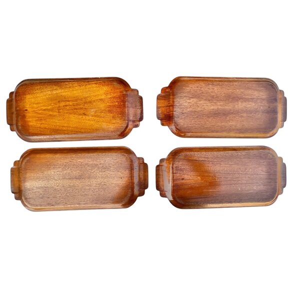 Set Of 4 Vintage Wooden Hospitality Trays With Carved Handles